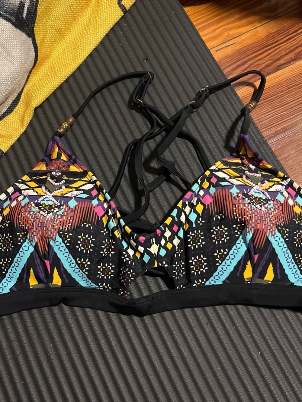 Time and Tru Black Multicolor Geometric Triangle Bikini Top